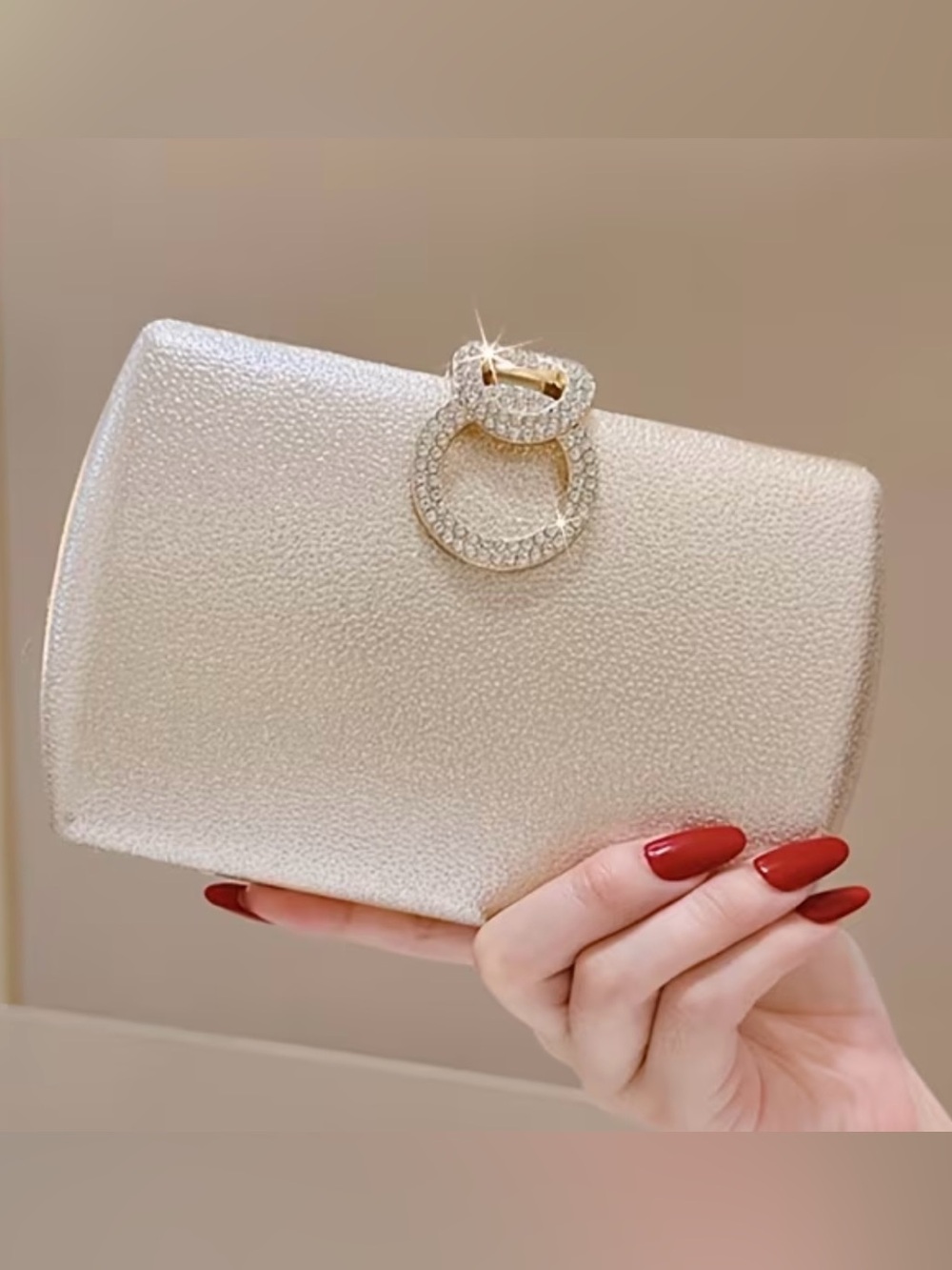 Elegant Gold Pearl-Textured Evening Clutch in Cream with Crystal Ring Accent